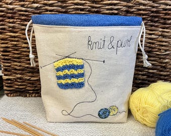 Sacola com cordão “Knit & Purl” / Bolsa para projetos / bordado à máquina à mão livre