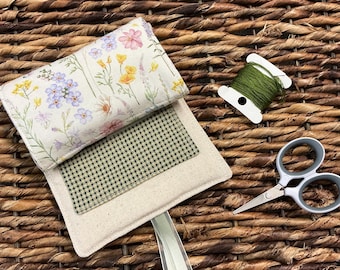 Embroidered pincushion roll, handmade, sewing kit