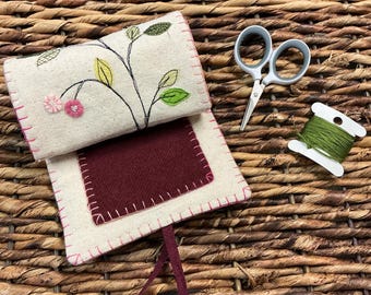 Embroidered pincushion roll, handmade, sewing kit