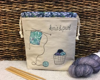 Drawstring bag for the sock knitter / Project bag / Knit & Purl / freehand machine embroidery