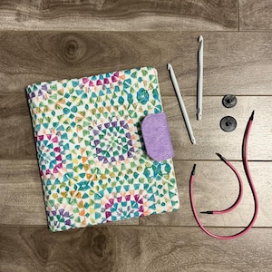 May include: A white crochet project bag with a colorful geometric pattern and a purple zippered flap. The bag is lying on a wooden surface with two white crochet hooks, two black circular knitting needles, and a pair of pink circular knitting needles.