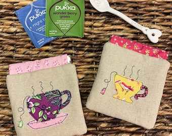 Bolsa para saquinho de chá, estrutura flexível, bordado à máquina à mão livre