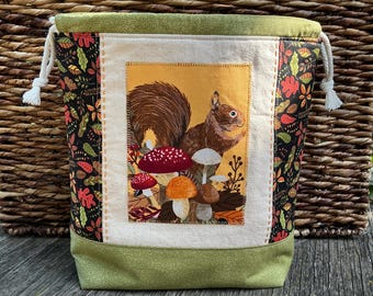 Squirrel Drawstring Project Bag: Autumn Knitting, Crochet, Embroidery