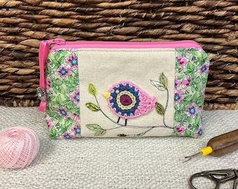 Crocheted Bird Sewing Bag, Freemotion Stitched Linen Cotton Notions pouch