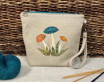 Small Zipper bag / “Wild mushrooms “ / Sock bag / Knitting or Crochet / freehand machine embroidery