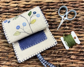 Embroidered pincushion roll, handmade, sewing kit