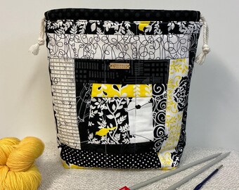 Bolsa grande com cordão para projetos: amarela e preta, ideal para patchwork, tricô, crochê e costura.