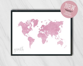 Map of World print / Watercolour / Blush Pink / Wall art / A3 / DIGITAL DOWNLOAD