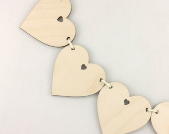 Wooden Heart Bunting, Natural Birch Wood Garland with Sweetheart Holes