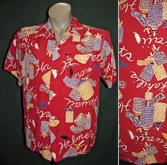 Vintage Hawaiian Rayon Print Red Shirt Kuonakakai