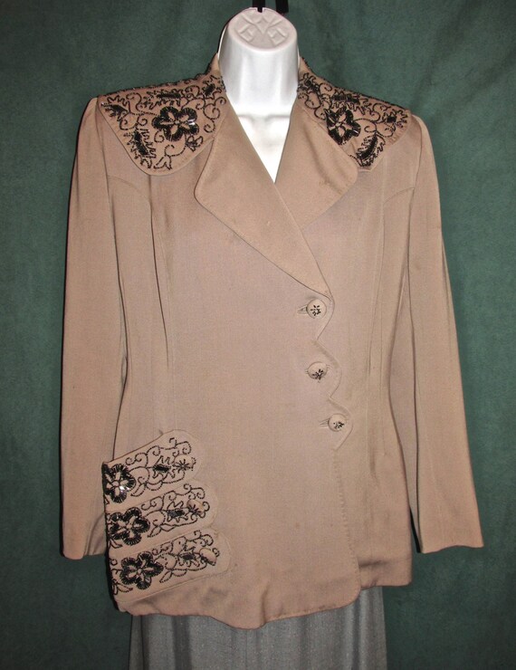 40s Beaded Camel Tan Vintage Jacket by Linada Orig