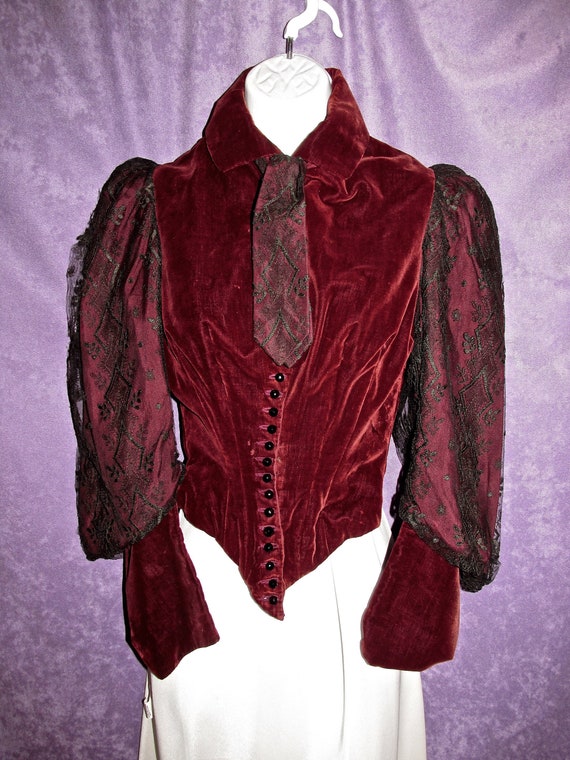 Antique 1800s Victorian Bodice Maroon Velvet and B