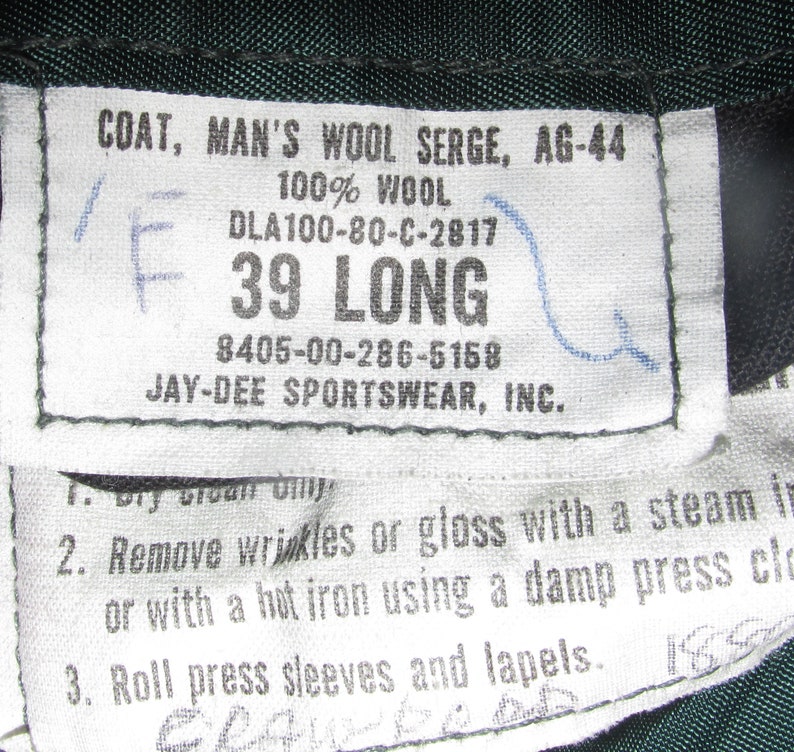 Man/'s Wool Serge Coat AG-44 #DLA100-80-C-2817 Army Vintage Jacket sz 36 Military Vietnam Army Green Late 50s 60s 70s 80s 90s 00s