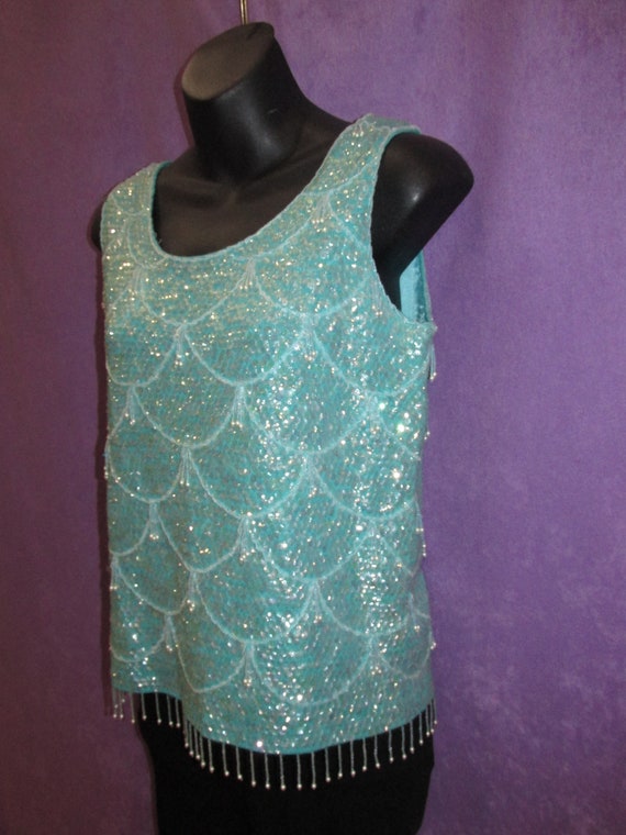 Classic Vintage Top Teal Sequin Beaded Sweater Sle