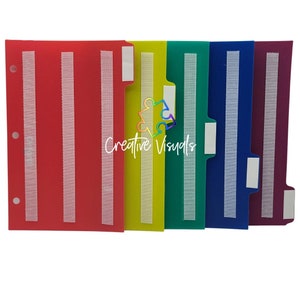 May include: Set of six colorful plastic folders with white adhesive strips for organizing papers. The folders are red, yellow, green, blue, and purple.