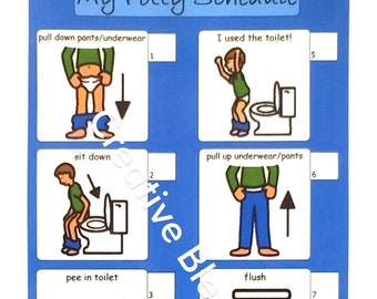 Personalized Boys Bathroom Chart, Visual Schedule with boxes, Sit or Stand versions