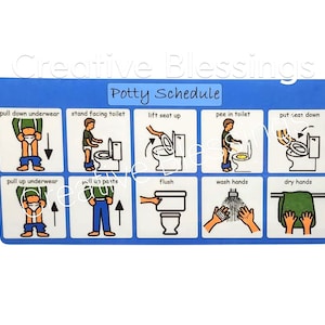 May include: A blue rectangular potty training chart with illustrated steps: pull down underwear, stand facing toilet, lift seat up, pee in toilet, put seat down, pull up underwear, pull up pants, flush, wash hands, and dry hands. The text "Potty Schedule" is at the top.