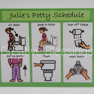 May include: A green and white illustrated potty training chart with the title "Julie's Potty Schedule". The chart shows a series of steps for using the toilet, including pulling down underwear, sitting down, pooping in the toilet, tearing off tissue, wiping, putting tissue in the toilet, pulling up pants, flushing, washing hands, and drying hands.