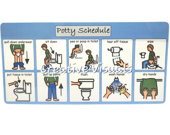 Personalized Boys Bathroom Chart, Visual Schedule, Toilet Routine Laminated Boardmaker Icon, Sit down to Pee, Poop, White, AA