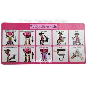 May include: A pink potty training chart with illustrations of a child using the toilet. The chart includes steps like "pull down pants", "sit down", "pee in toilet", "wipe", "flush", and "wash hands".