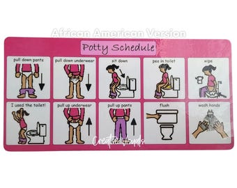 Personalized Girls Bathroom Routine Chart, Visual Schedule, Toilet Routine Laminated Boardmaker Icon, Sit to Pee, Poop, White, AA