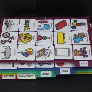 May include: A binder with multiple tabs labeled "Actions", "Home Activity", "Signs", "Food", and "Toys". Each tab contains a set of picture cards with various images, such as a slinky, a toy train, a trampoline, and a stuffed animal.