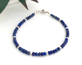 Lapis Lazuli bracelet, Hill Tribe silver nuggets, 3mm faceted beads, hand strung with clasp.