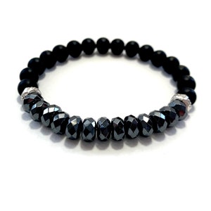 Stretch bracelet handmade with matte black onyx, shiny facetted hematite and Karen Hilltribe Print Beads, elasticated bracelet.