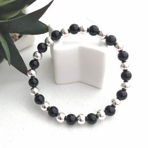 Silver onyx bracelet, onyx and silver bracelet, 6mm balls bracelet, sterling silver balls, black and silver bracelet, stretch bracelet.