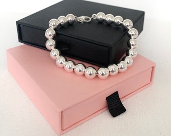 Pulsera de bolas de plata de ley, cuentas de 8 mm, pulsera apilable, bolas de buena calidad, cierre de mosquetón