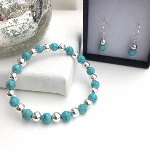 Turquoise bracelet, handmade sterling silver ball bracelet, stacking bracelet, stretch bracelet, 6mm silver balls, layering bracelet, gift.