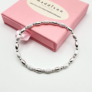 Sterling Silver Beaded Stretch Bracelet, Ribbed Polished Oval Beads, Stacking Jewellery