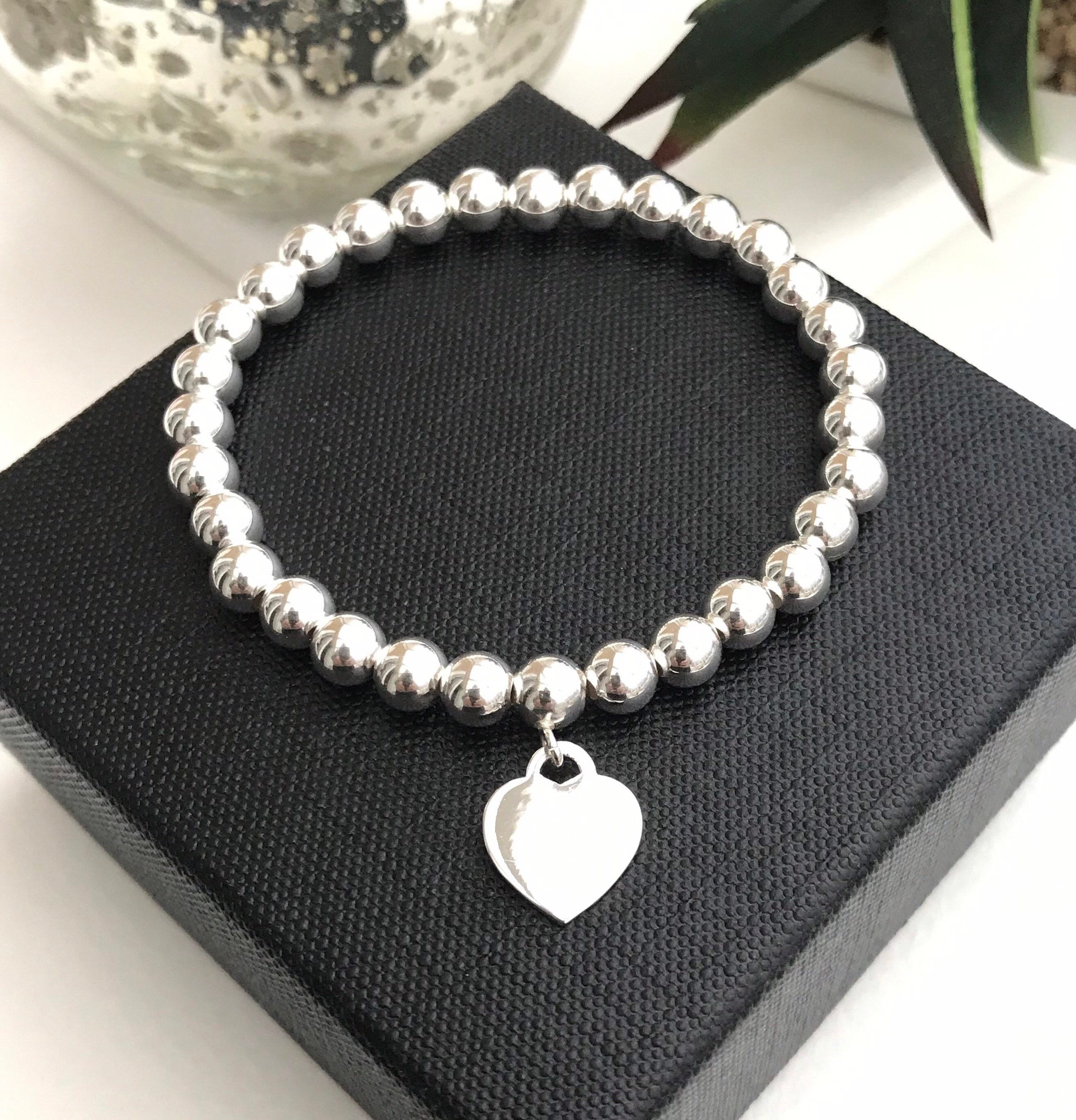 Silver Heart Ball Bracelet, Chunky 6mm Ball Bracelet