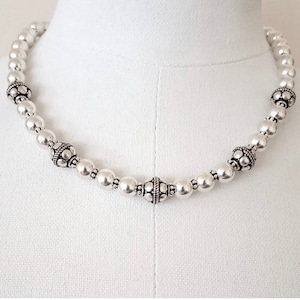 Silver ball necklace with Bali beads, unique handmade beaded necklace, toggle clasp, statement necklace, sterling silver, gift for her.