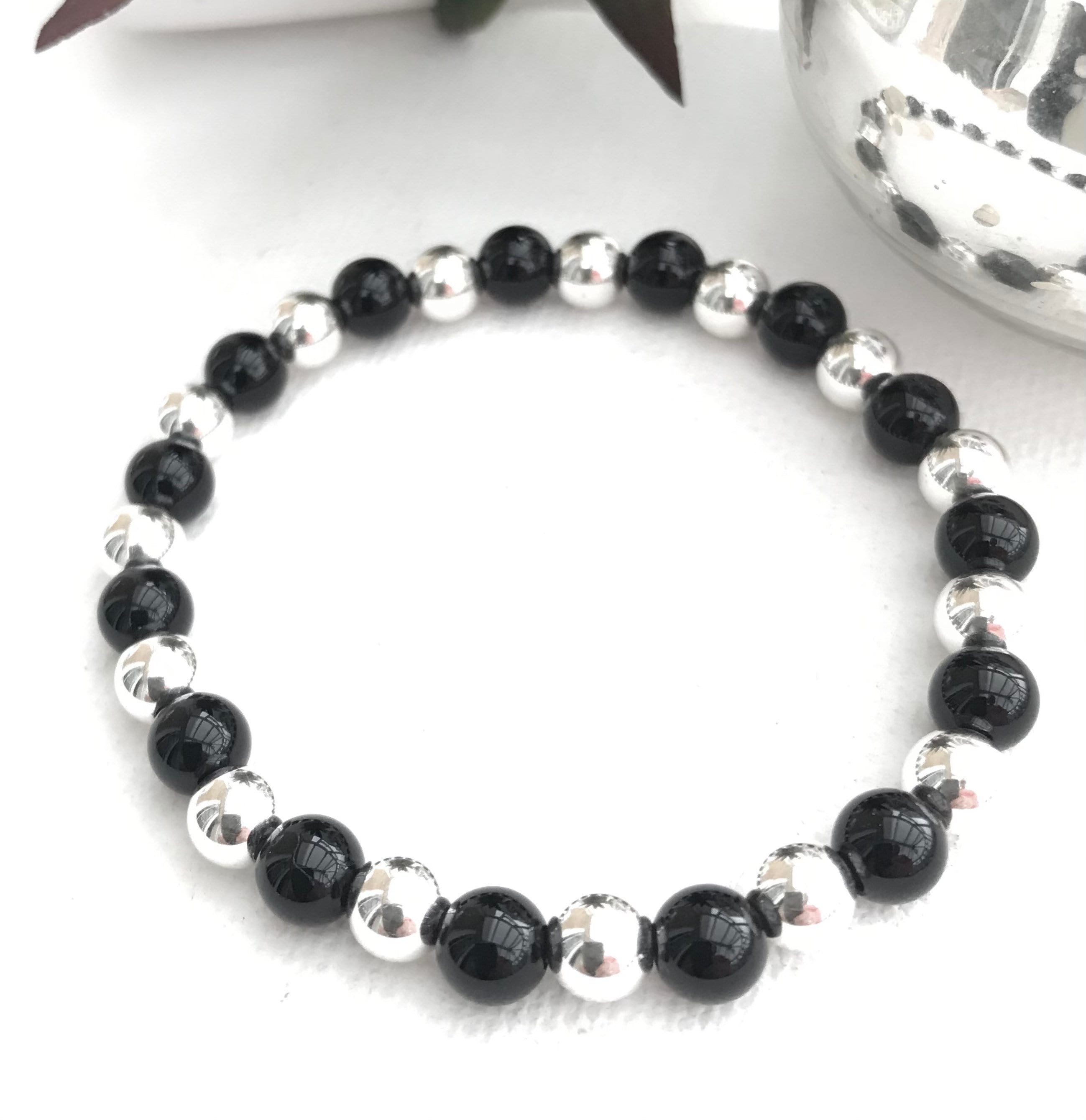 Angelo - 6mm - Black Onyx Beaded Stretchy Bracelet with Silver Hamsa Hand