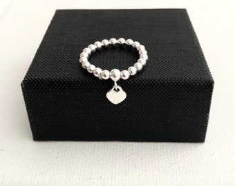 Silver heart ring, stretch sterling silver bead ring, stacking ring, handmade to order.