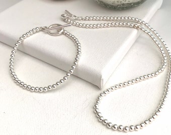 Silver 4mm heavier ball necklace, sterling silver balls, hand strung necklace with solid sterling silver toggle clasp.