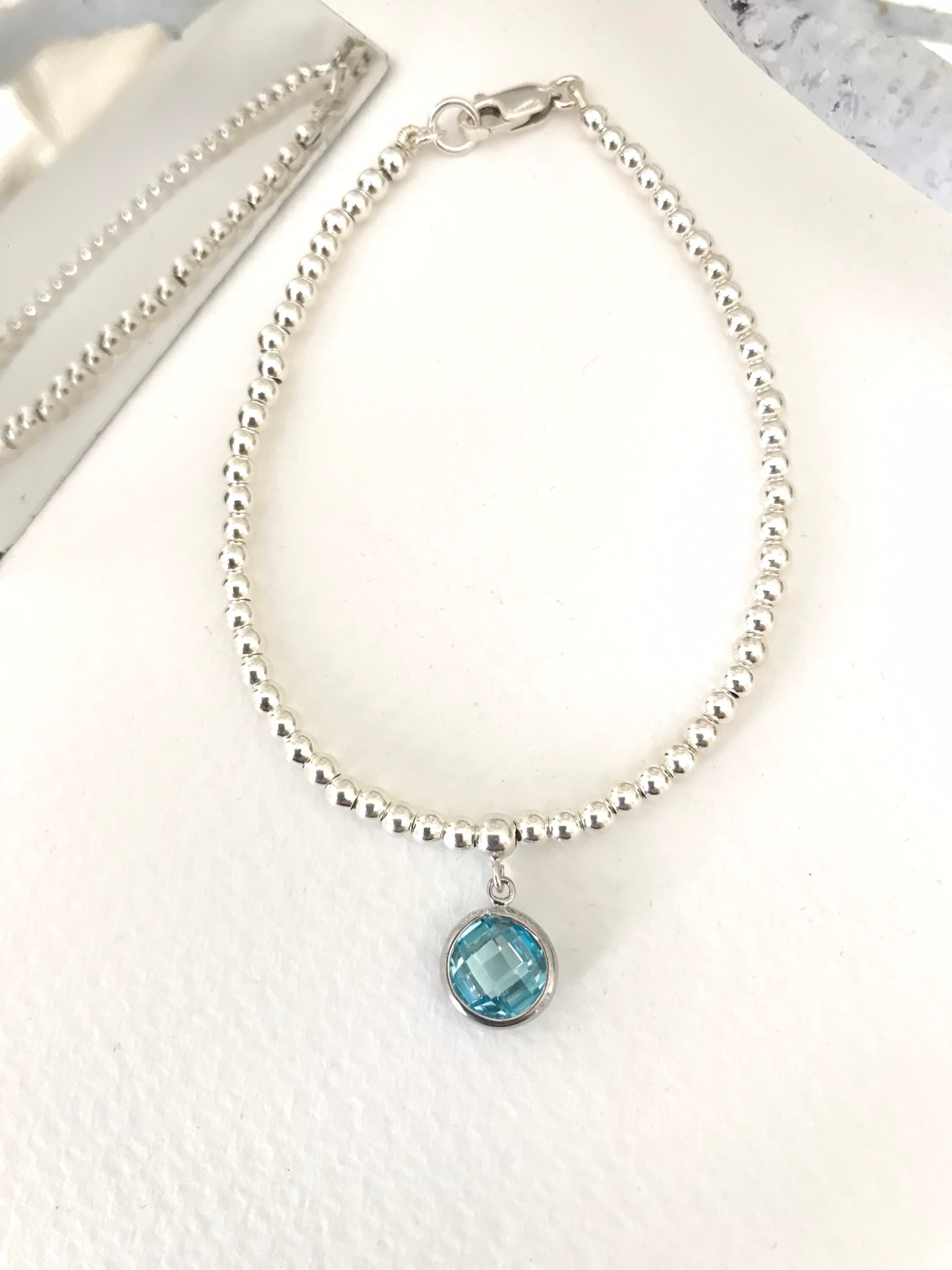Bracelet En Argent 925 Et Aigue-marine Naturelle - Fabriqué En Italie, Longueur ~20 Cm