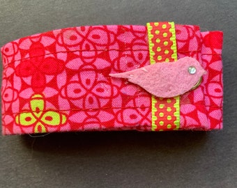 Pink and Red Fabric Boho Cuff Bracelet with Bird Ephemera and Ribbon