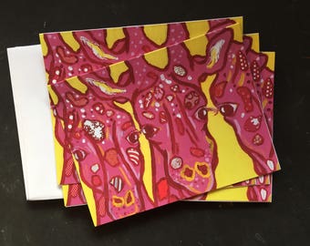 THree Pink Giraffes Original Painting/Collage Note card Set