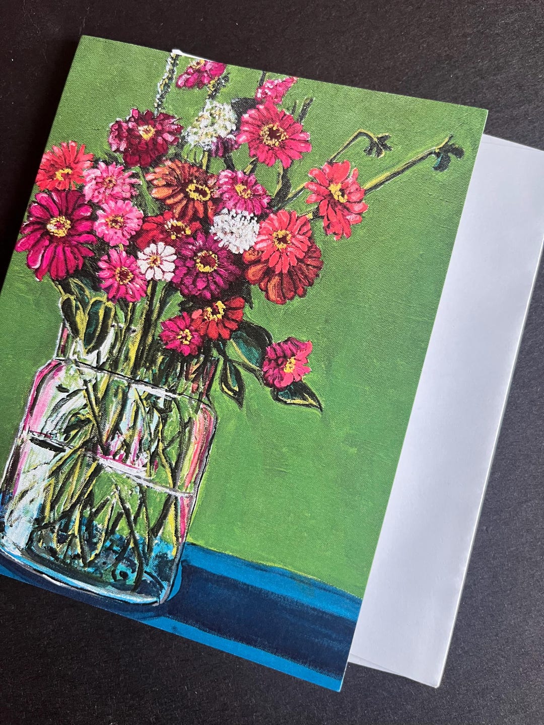 Zinnias on Green Single Note Card From Original Painting - Etsy