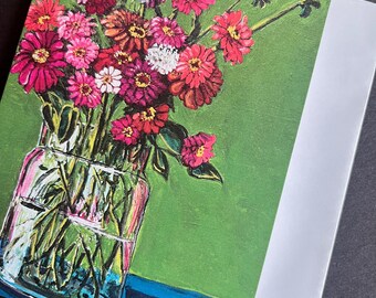 Zinnias op groene enkele notitiekaart van origineel schilderij