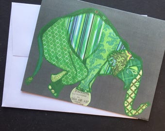 Green Elephant Paper Collage  Single Notecard