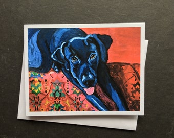 Black Lab on Red Couch Single Notecard from Original Painting Collage