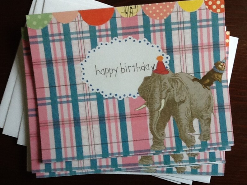 Happy Birthday Elephant on Plaid Notecard Set image 1