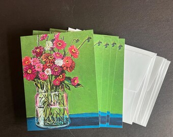 Zinnias op groen set notitiekaarten van origineel schilderij