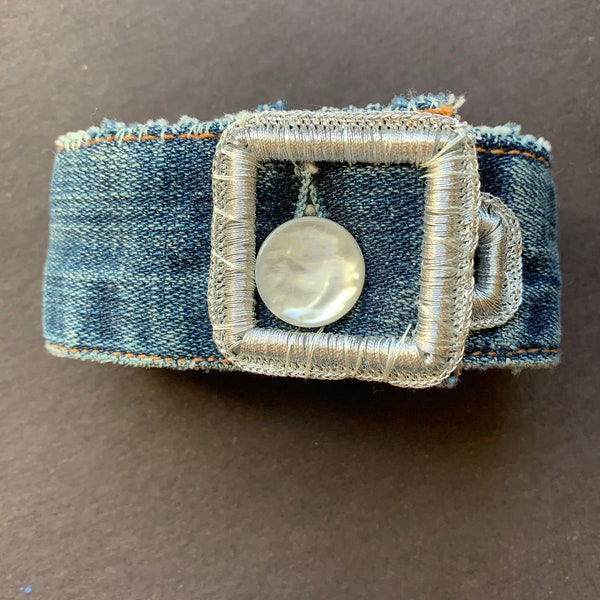 Denim Boho Cuff Bracelet with Silver Geometric Enhancements