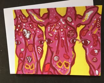 THree Pink Giraffes Original Painting/Collage Single Note card