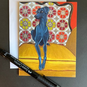 Greyhound su sedia dorata, biglietto con nota singola dal dipinto originale/collage