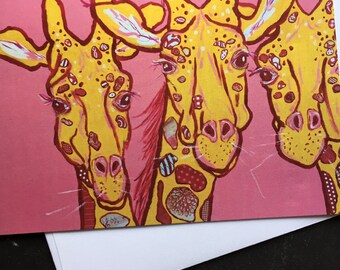 THree Happy Giraffes Original Painting/Collage Single Note card